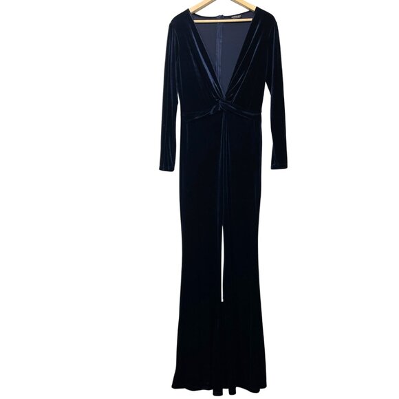 Fashion Nova Velvet Jumpsuit Size M Blue V Knot Flare Leg Holiday Party Evening - Picture 1 of 9